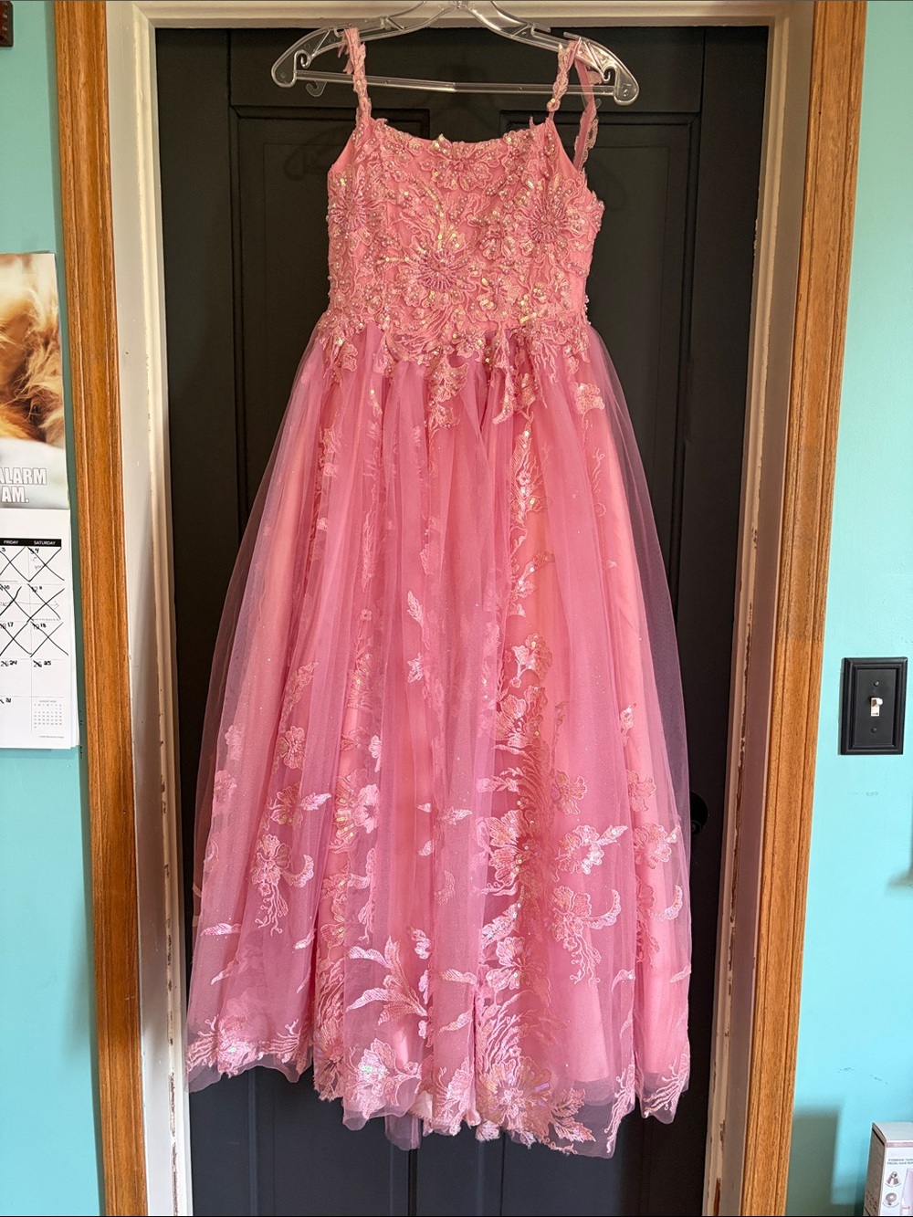 Girls' Pink Floral Lace Tulle Dress - Formal Party Gown